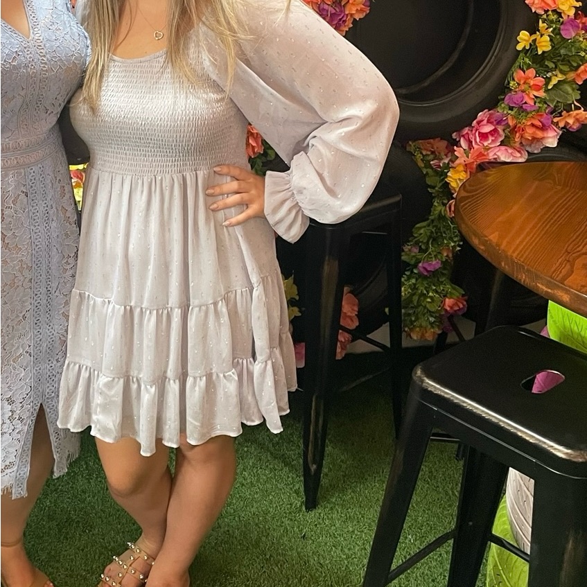 White Smocked Long Sleeve Dress